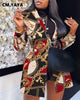 CM.YAYA Women Paisley Chain Long Sleeve Double Breasted Noched Neck Blazer