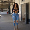 CM.YAYA Women Pants High Waist Long Slim Hole Jeans Denim Pencil Pants Ripped Trousers Streetwear Autumn 2022