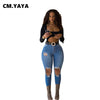 CM.YAYA Women Pants High Waist Long Slim Hole Jeans Denim Pencil Pants Ripped Trousers Streetwear Autumn 2022