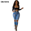CM.YAYA Women Pants High Waist Long Slim Hole Jeans Denim Pencil Pants Ripped Trousers Streetwear Autumn 2022