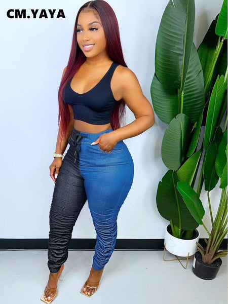 CM.YAYA Women Pants Patchwork  Pleated Long Slim Jeans Pockets Streetwear Autumn 2022