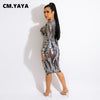 CM.YAYA Women Sequined Floral Mesh See Though Deep V-neck Long Sleeve Bodycon Midi Dress Sexy Party Clubwear Dress Winter Spring