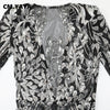CM.YAYA Women Sequined Floral Mesh See Though Deep V-neck Long Sleeve Bodycon Midi Dress Sexy Party Clubwear Dress Winter Spring