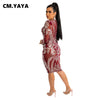 CM.YAYA Women Sequined Floral Mesh See Though Deep V-neck Long Sleeve Bodycon Midi Dress Sexy Party Clubwear Dress Winter Spring