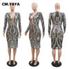 CM.YAYA Women Sequined Floral Mesh See Though Deep V-neck Long Sleeve Bodycon Midi Dress Sexy Party Clubwear Dress Winter Spring