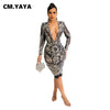 CM.YAYA Women Sequined Floral Mesh See Though Deep V-neck Long Sleeve Bodycon Midi Dress Sexy Party Clubwear Dress Winter Spring