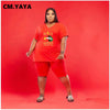 CM.YAYA Women Set Loose Print Letter Lip Short Sleeve V-neck T-shirts Knee-length Pants Plus Size 2 Piece Sets Summer Outfits