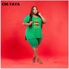 CM.YAYA Women Set Loose Print Letter Lip Short Sleeve V-neck T-shirts Knee-length Pants Plus Size 2 Piece Sets Summer Outfits