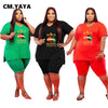 CM.YAYA Women Set Loose Print Letter Lip Short Sleeve V-neck T-shirts Knee-length Pants Plus Size 2 Piece Sets Summer Outfits