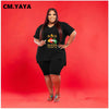 CM.YAYA Women Set Loose Print Letter Lip Short Sleeve V-neck T-shirts Knee-length Pants Plus Size 2 Piece Sets Summer Outfits