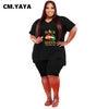 CM.YAYA Women Set Loose Print Letter Lip Short Sleeve V-neck T-shirts Knee-length Pants Plus Size 2 Piece Sets Summer Outfits