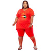 CM.YAYA Women Set Loose Print Letter Lip Short Sleeve V-neck T-shirts Knee-length Pants Plus Size 2 Piece Sets Summer Outfits