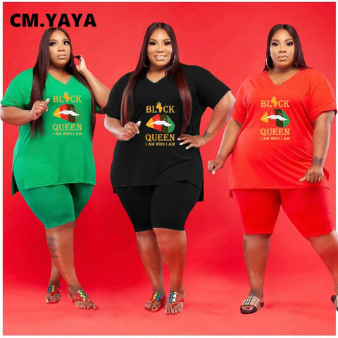 CM.YAYA Women Set Loose Print Letter Lip Short Sleeve V-neck T-shirts Knee-length Pants Plus Size 2 Piece Sets Summer Outfits