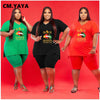 CM.YAYA Women Set Loose Print Letter Lip Short Sleeve V-neck T-shirts Knee-length Pants Plus Size 2 Piece Sets Summer Outfits