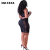 CM.YAYA Women Set Mesh Patchwork Sleeveless Skew Collar Crop Tops Stretchy Shorts Two 2 Piece Set Casual Outfit Summer Tracksuit