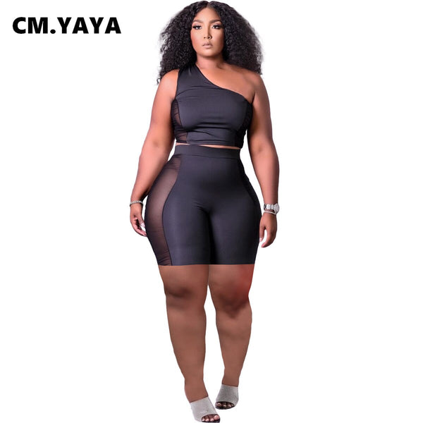 CM.YAYA Women Set Mesh Patchwork Sleeveless Skew Collar Crop Tops Stretchy Shorts Two 2 Piece Set Casual Outfit Summer Tracksuit