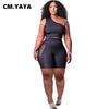 CM.YAYA Women Set Mesh Patchwork Sleeveless Skew Collar Crop Tops Stretchy Shorts Two 2 Piece Set Casual Outfit Summer Tracksuit