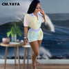 CM.YAYA Women Set Patchwork Short Sleeve Single Breasted Top Stretchy Shorts Two Piece Sets Outfit Summer Tracksuit 2023
