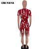 CM.YAYA Women Set Print Short Sleeve O-neck T-shirts Tassel Shorts Two 2 Piece Sets Casual Tracksuit Outfit Summer 2023