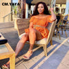 CM.YAYA Women Set Print Short Sleeve Slash Neck Loose Top Stretchy Shorts Two 2 Piece Set Tracksuit Summer Outfit Without Sashes