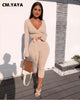 CM.YAYA Women Set Solid Full Sleeve V-neck Bandage Crop Top Mid Waist Skinny Elastic Calf Length Pants 2 Piece Set Summer Outfit