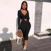 CM.YAYA Women Set Solid Full Sleeve V-neck Bandage Crop Top Mid Waist Skinny Elastic Calf Length Pants 2 Piece Set Summer Outfit