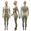 CM.YAYA Women Set Solid Full Sleeve V-neck Bandage Crop Top Mid Waist Skinny Elastic Calf Length Pants 2 Piece Set Summer Outfit