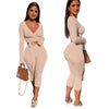 CM.YAYA Women Set Solid Full Sleeve V-neck Bandage Crop Top Mid Waist Skinny Elastic Calf Length Pants 2 Piece Set Summer Outfit