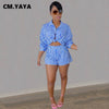 CM.YAYA Women Set Striped Full Sleeve Turn-down Collar Shirts Tops Stretchy Shorts Two 2 Piece Sets Office Lady Outfits Autumn