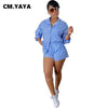 CM.YAYA Women Set Striped Full Sleeve Turn-down Collar Shirts Tops Stretchy Shorts Two 2 Piece Sets Office Lady Outfits Autumn