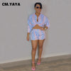 CM.YAYA Women Set Striped Full Sleeve Turn-down Collar Shirts Tops Stretchy Shorts Two 2 Piece Sets Office Lady Outfits Autumn