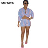 CM.YAYA Women Set Striped Full Sleeve Turn-down Collar Shirts Tops Stretchy Shorts Two 2 Piece Sets Office Lady Outfits Autumn