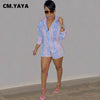 CM.YAYA Women Set Striped Full Sleeve Turn-down Collar Shirts Tops Stretchy Shorts Two 2 Piece Sets Office Lady Outfits Autumn