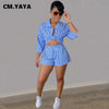 CM.YAYA Women Set Striped Full Sleeve Turn-down Collar Shirts Tops Stretchy Shorts Two 2 Piece Sets Office Lady Outfits Autumn