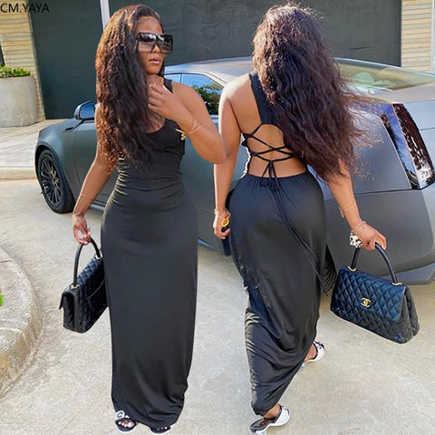 CM.YAYA Women Streetwear Casual Tank O-neck Lace Up Open Back Slim Maxi Dress Sleeveless Solid Long Dresses Vestidos