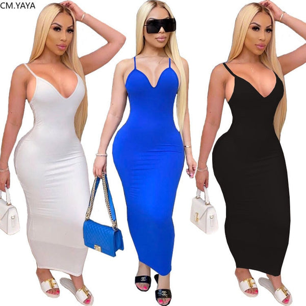 CM.YAYA Women Summer Spaghetti Strap V-neck Sleeveless Bodycon Midi Pencil Maxi Dress Sexy Party Club Long Dresses