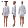 CM.YAYA Women Two 2 Piece Set Button Up Tops and Shorts Matching Set Outfits Elegant Classic Solid Autumn Tracksuit Sweatsuit