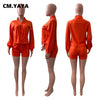CM.YAYA Women Two 2 Piece Set Button Up Tops and Shorts Matching Set Outfits Elegant Classic Solid Autumn Tracksuit Sweatsuit