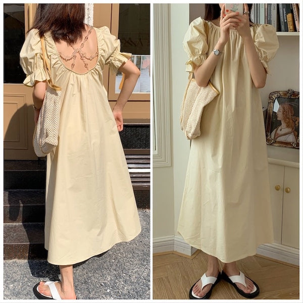 CMAZ 2022 Summer Casual Short Puff Sleeve Sweet Long Woman Backless Loose Streetwear Solid Color Dress 5339#