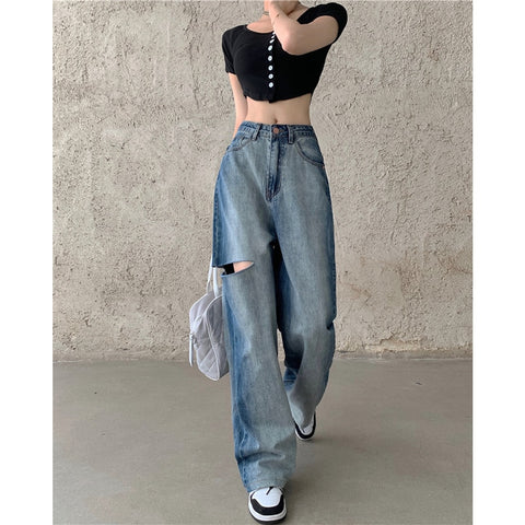 CMAZ 2022 Vintage High Waist Straight Pants for Women Streetwear Loose Female Denim Jeans Buttons Zipper Ladies trouser