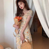 CMAZ Dresses For Women Summer 2022 Korean Style Round Neck Floral Dress High Waist Short Sleeve A Line Dresses Party Vestidos
