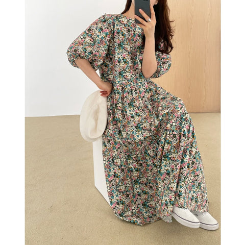 CMAZ Women Floral Dress Summer Korean Puff Sleeve High Waist Loose Maxi Dresses Elastic Waist Beach Boho Dress Female Vestidos