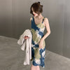 CMAZ  summer women's clothing French Style printed satin dress sleeveless female restoring vintage Dresses 5812#