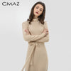 CMAZ turtleneck Knitted Sweater Women Dress Casual Midi Dress Long Sleeve with belt Bodycon Knee A-Line Dress MX18D5716