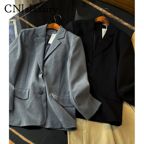 CNlalaxury Autumn Women Grey Single Breasted Casual Blazer Long Sleeves Loose Solid Color Pocket Outerwear Commuter Top