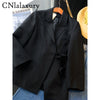 CNlalaxury Autumn Woman Black Slim Fit Blazer Long Sleeves Simple Lace Up Commute Outerwear Solid Color Professional Coat Top