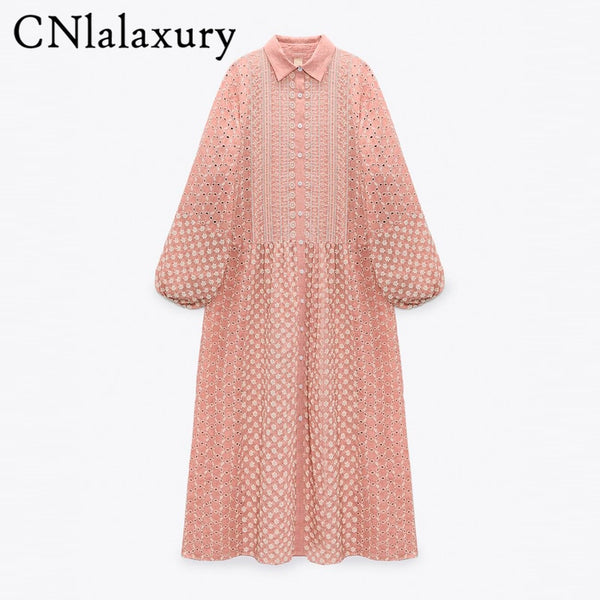 CNlalaxury Embroidery Midi Dress Women 2022 Turn Down Collar Casual Long Sleeve Sweet Dresses Female Elegant A Line Robe Dress