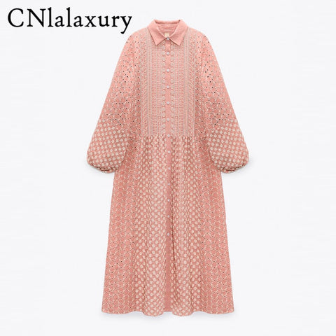 CNlalaxury Embroidery Midi Dress Women 2022 Turn Down Collar Casual Long Sleeve Sweet Dresses Female Elegant A Line Robe Dress