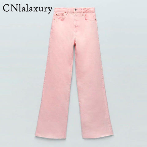 CNlalaxury2022 Vintage Denim Trousers Elegant Solid Pink Pants Casual High Waist Jean Femme Straight Jeans For Women