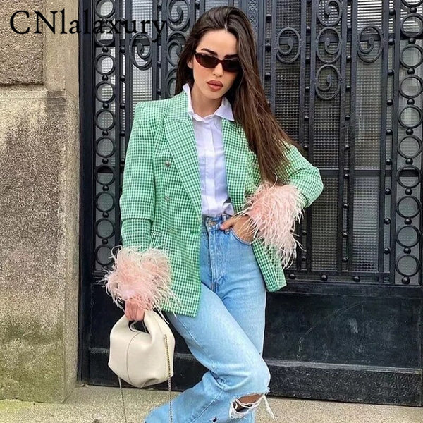 CNlalaxury2023Spring Women Vintage Houndstooth Blazer Elegant Office Lady Double Breasted Lapel Long sleeves Suits Outwear Tops